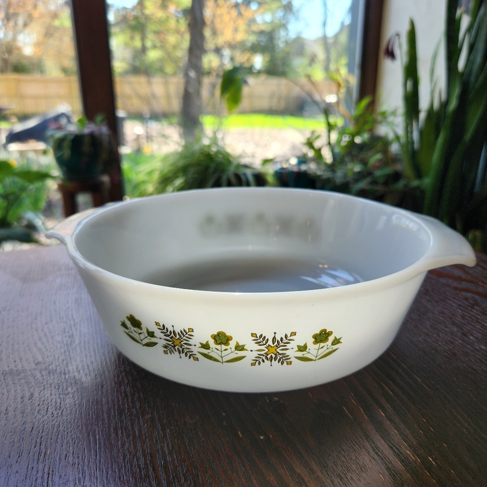 Vintage Anchor Hocking Fire King Green Floral Milk Glass Casserole Serving Bowl